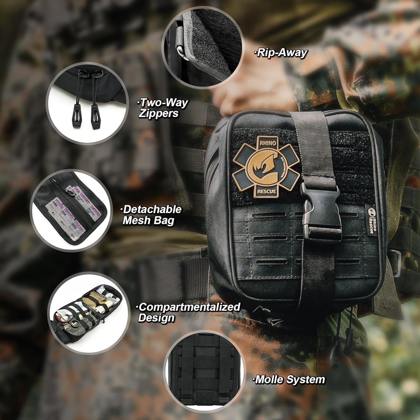 RHINO RESCUE Bundle-Vented Chest Seal, 4 Vents, Sterile Emergency Trauma Dressing, Occlusive Adhesive Pad+IFAK Trauma Kit with C-A-T Tourniquet for Wound Care, Tactical First Aid Kit Molle Pouch