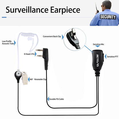 Case of 10, Retevis Walkie Talkies Earpiece with Mic 2 Pin Acoustic Tube Headset, for RT22 RT21 RT68 H777, Compatible with Pxton Baofeng BF-888S BF-T26 Kenwood walkie talkie, Two Way Radio Earpiece