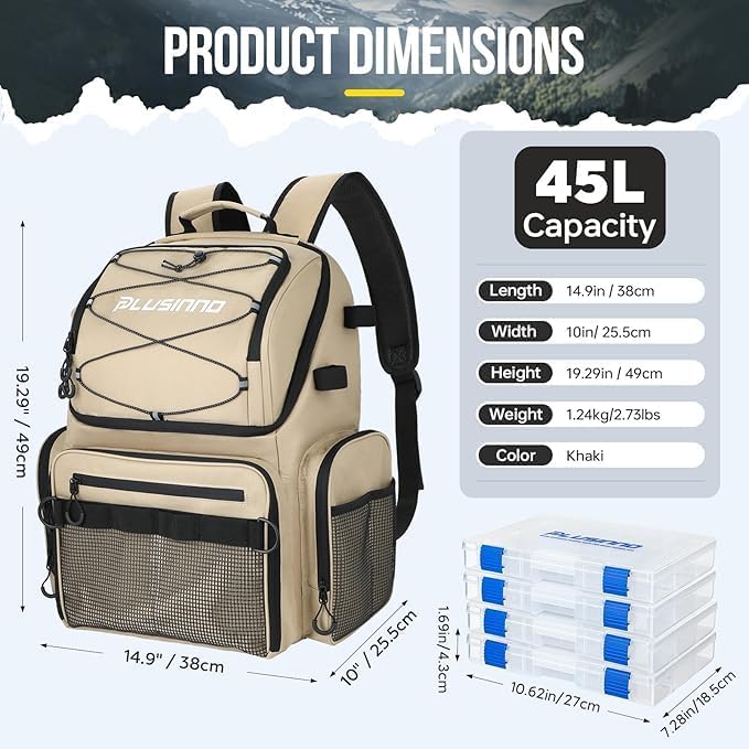 PLUSINNO Fishing Backpack with Rod Holders & Cooler, 45L Large Water-resistant Fishing Tackle Bag and Fishing Tackle Box, Waterproof Tackle Box