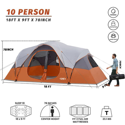 UNP Camping Tent 10-Person-Family Tents, Parties, Music Festival Tent, Big, Easy Up, 5 Large Mesh Windows, Double Layer, 2 Room, Waterproof, Weather Resistant, 18ft x 9ft x78in