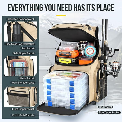 PLUSINNO Fishing Backpack with Rod Holders & Cooler, 45L Large Water-resistant Fishing Tackle Bag and Fishing Tackle Box, Waterproof Tackle Box