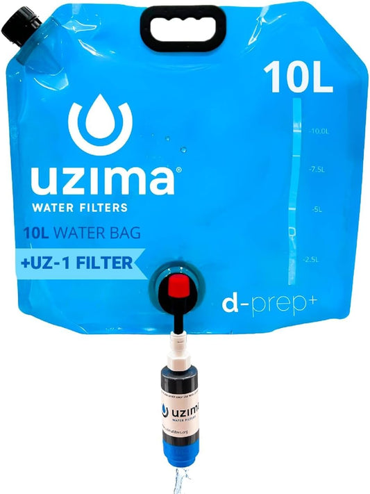 Uzima D-Prep Plus Emergency Water Filtration & Storage System – 10L Collapsible Gravity Water Storage Container with UZ-1 Filter for Safe Drinking – Portable Survival & Camping Bladder