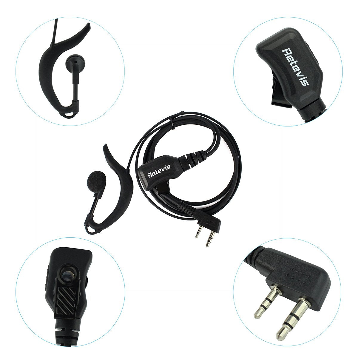 Retevis Walkie Talkie Earpiece with Mic,Volume Adjust,G Shape, for RT22 RT68 RT21 H-777 H-777S RT86,Compatible with Baofeng UV-5R 888S pxton Kenwood Two Way Radios,2 Way Radio Earpiece 2 Pin(10 Pack)
