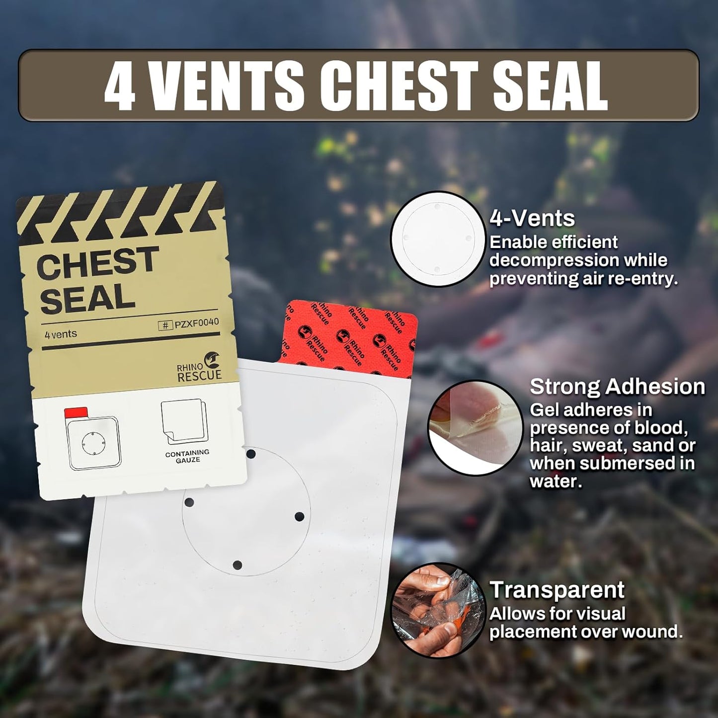 RHINO RESCUE Bundle-Vented Chest Seal, 4 Vents, Sterile Emergency Trauma Dressing, Occlusive Adhesive Pad+First Aid Splint 36" X 4.3" Orange-Gray, Keep Bones in Position