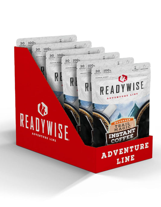 ReadyWise Adventure Line - Trail Magic Instant Coffee Packets, Freeze Dried Coffee, Survival Food for Backpacking Meals, Camping Essentials & Prepping Supplies, up to 15 Year Shelf Life, 6 Pouches