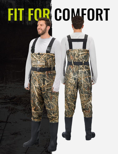 TIDEWE Bootfoot Chest Wader, 2-Ply Nylon/PVC Waterproof Fishing Hunting Waders with Boot Hanger for Men Women Green Brown