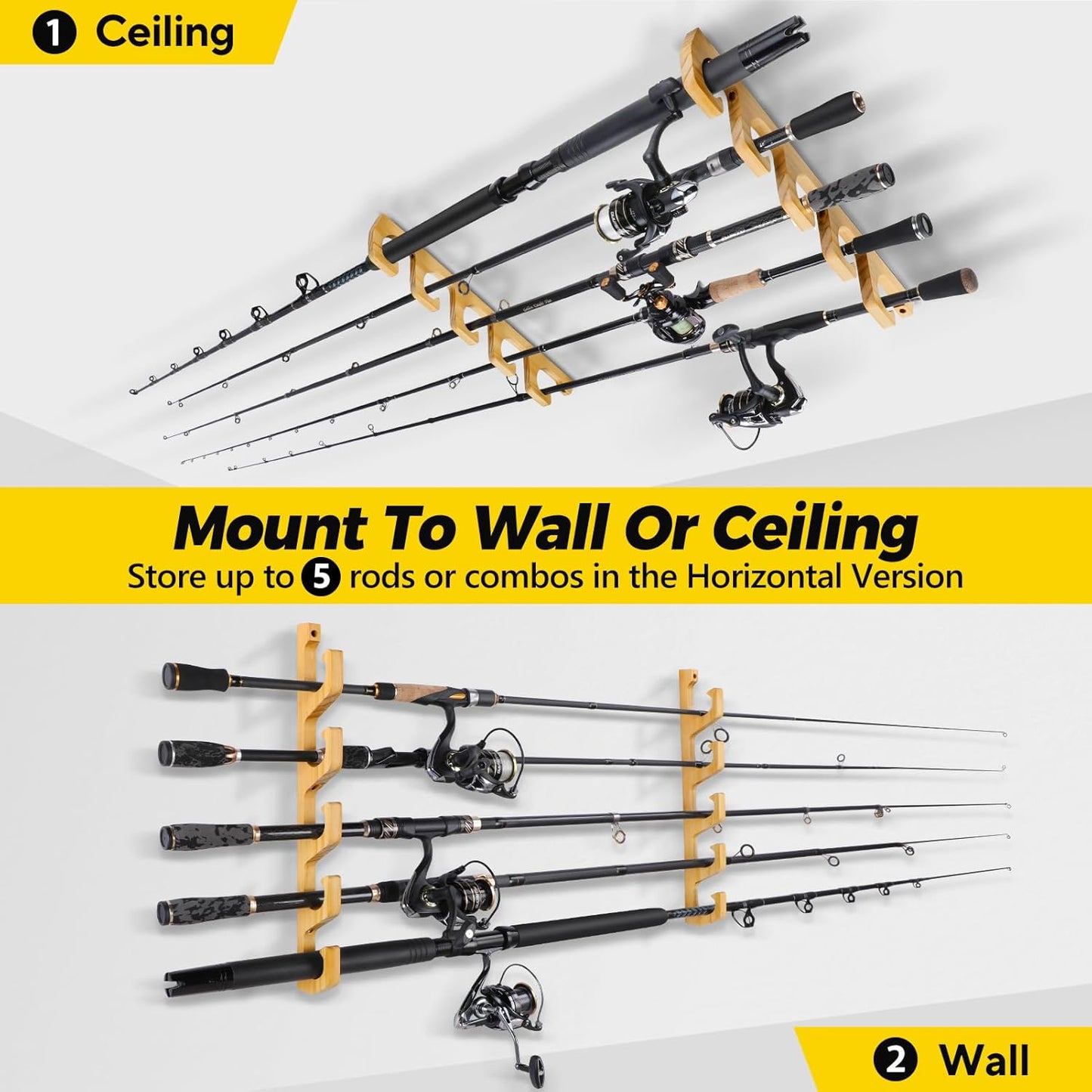 PLUSINNO WH5 Horizontal Fishing Rod/Pole Holders for Garage, Wall or Ceiling Mounted Rack, Solid Wood Fishing Rod Holder Holds up to 5/10/20 Rods or Combos Fishing Gear, Gifts for Men