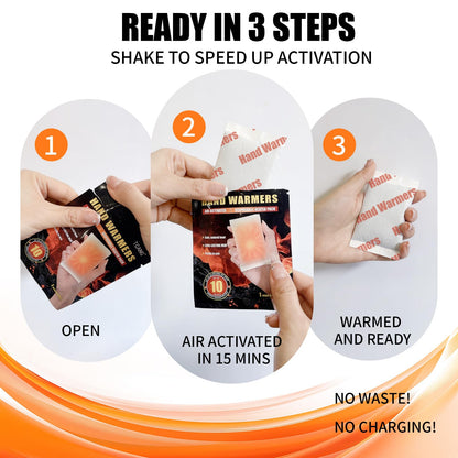 Hand Warmers Disposable - Up to 10 Hours of Heat - Super Long Lasting Air Activated Warmers, All Natural, Portable for Body, Hands & Toes - Odorless Hot Warmer Heater for Sport (10/100/200 Pack)