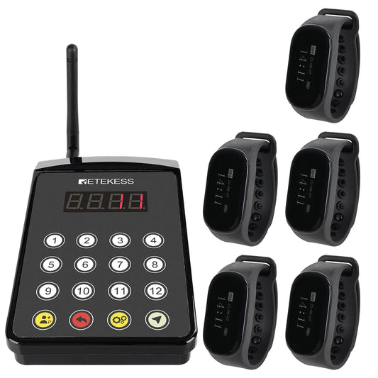 Retekess TD154 Restaurant Pagers for Servers,Waitress Pager System,1312ft,IPX7 Waterproof,3 Operating Modes,5 Watch Receivers for Hotel,Kitchen,Bar