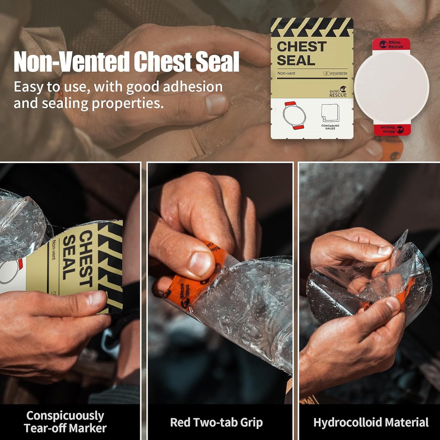 RHINO RESCUE Bundle- Non-Vented Chest Seal, IFAK Emergency Trauma Dressing+First Aid Splint 36" X 4.3" Orange-Gray