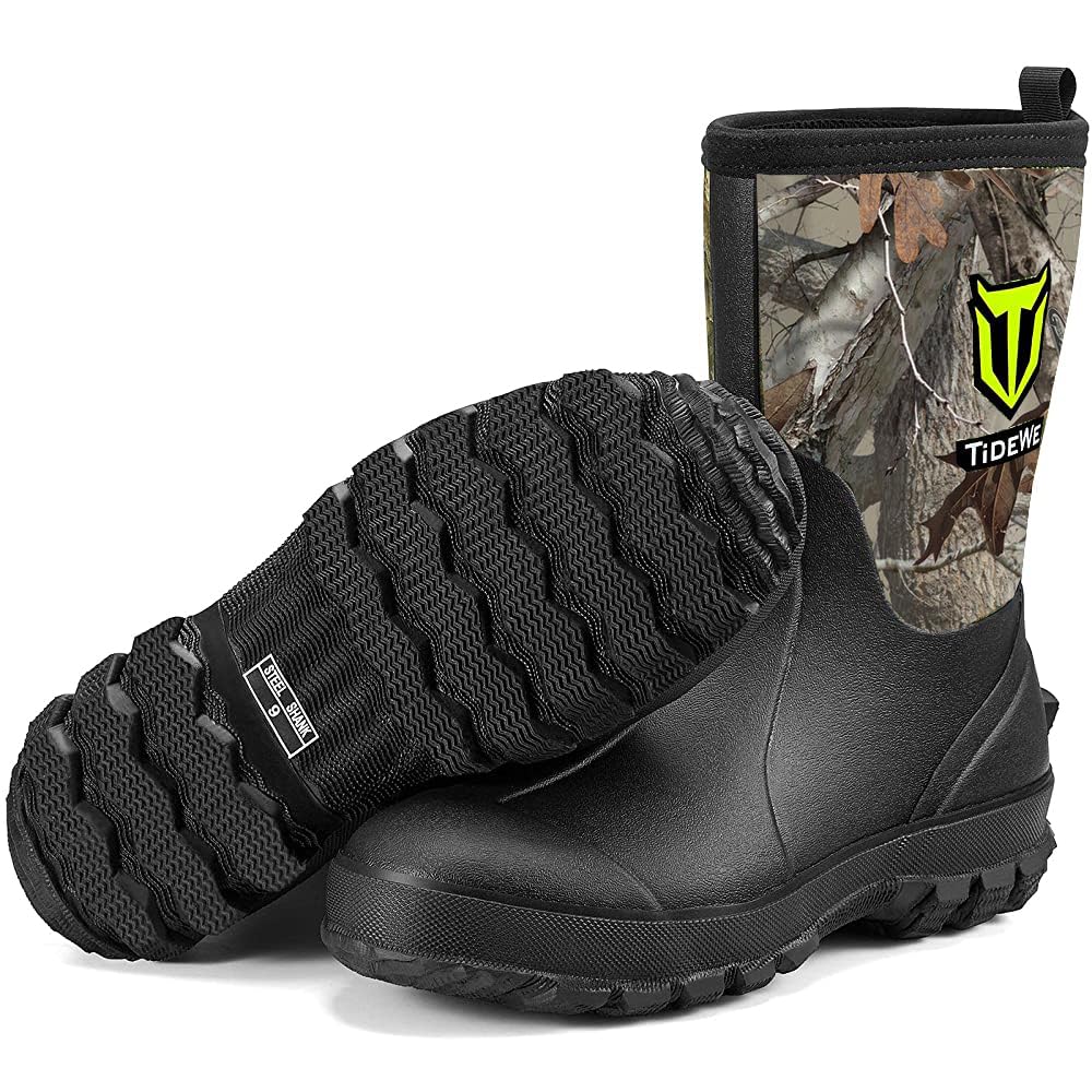 TIDEWE Rubber Boots for Men, 5.5mm Neoprene Insulated Rain Boots with Steel Shank, Waterproof Mid Calf Hunting Boots, Sturdy Rubber Work Boots for Farming Gardening Fishing