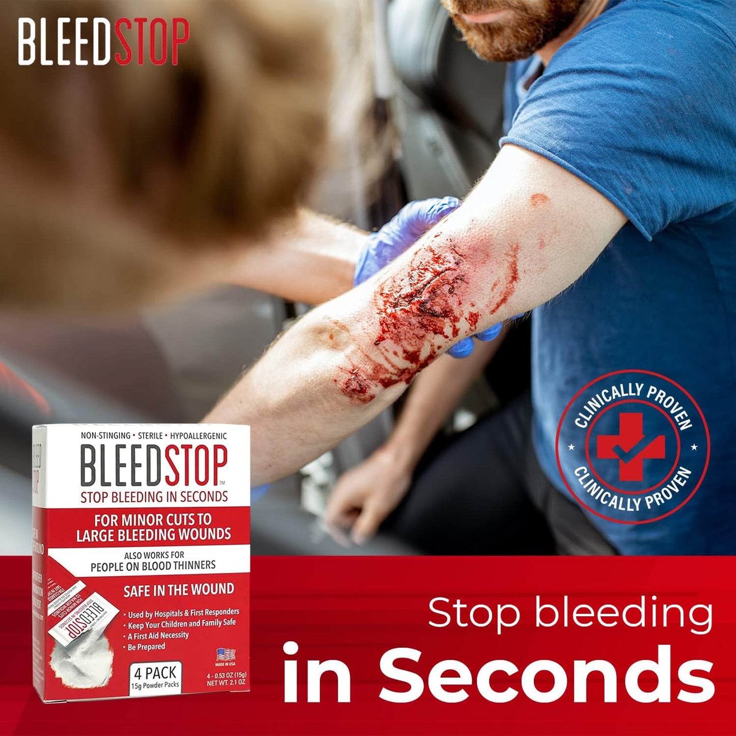 BleedStop™ First Aid Powder for Blood Clotting (4x15g, Pouches) and BleedClot Pet First Aid Powder (4x0.5oz, Pouches)