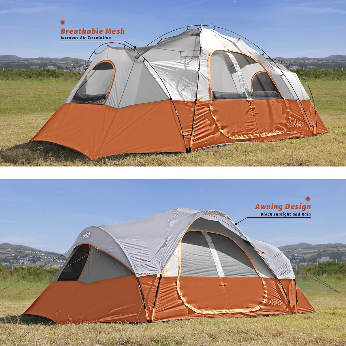 UNP Camping Tent 10-Person-Family Tents, Parties, Music Festival Tent, Big, Easy Up, 5 Large Mesh Windows, Double Layer, 2 Room, Waterproof, Weather Resistant, 18ft x 9ft x78in