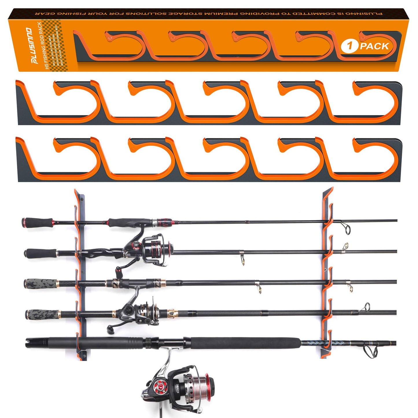PLUSINNO H5 Horizontal Fishing Rod/Pole Holders for Garage, Wall or Ceiling Mounted Fishing Rod Rack, Aviation Aluminum Fishing Holder Holds up to 5/10/20 Rod or Combos Fishing Gear and Gifts for Men