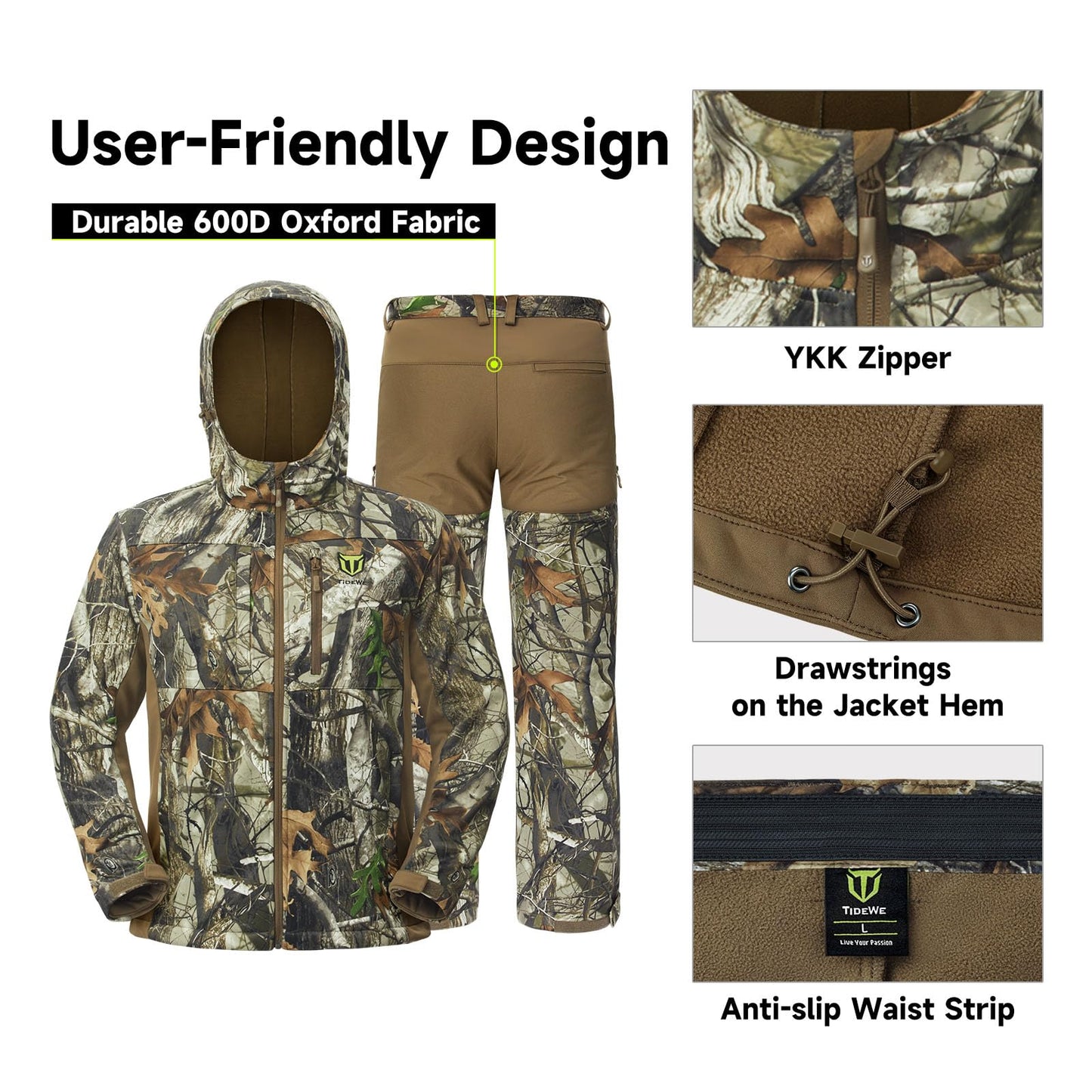 TIDEWE Hunting Clothes for Men with Fleece Lining, Safety Strap Compatible Water Resistant Silent Hunting Jacket and Pants