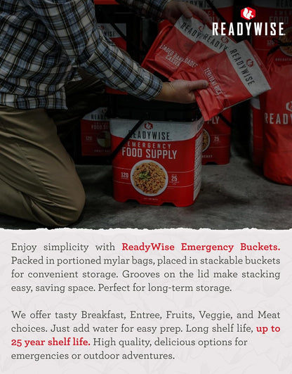 ReadyWise 7 Day Emergency Food Supply – 60 Servings Grab Bag, Camping Essentials, Freeze Dried Survival Food Kit & Dehydrated Meals, Prepper Bug Out Bag & Hurricane Supplies, up to 25 Year Shelf Life