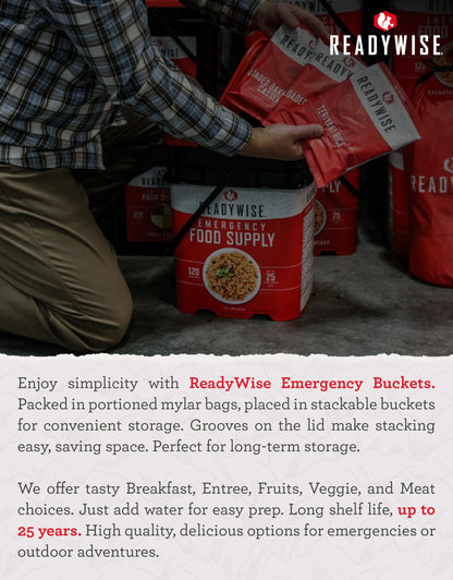 ReadyWise Emergency Food Supply - 14 Day, 150 Servings Emergency Freeze Dried Food Bucket, Protein Meals, Camping Essentials, Survival Kit, Disaster Prepping Supplies, up to 25 Year Shelf Life