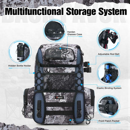 Piscifun Fishing Tackle Backpack with Rod Holders & 4 Tackle Boxes, 42L Outdoor Fishing Bag with Waterproof Rain Cover
