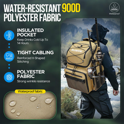 PLUSINNO Cooler Fishing Backpack with Rod Holders 45L Large Water-resistant Fishing Tackle bag Store Fishing Gear Fishing Gifts for Men Father, Sport Bags