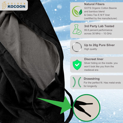 EMF Hood- Organic Cotton & Bamboo Viscose outter, with EcoShield™ Bamboo Lyocell Fara-Day Silver Liner - Cover Head & Neck - Ideal for Everyday 5 G, B T, Smart Meter & Wi Fi environments- Hat Cap