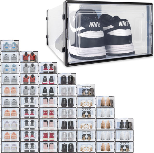 Ollie Drop Front Soft Plastic Shoe Box - Fits Up to Size 9 Mens - Storage Box Organizer, Shoe Organizers and Storage (Black- Medium, Pack of 48)