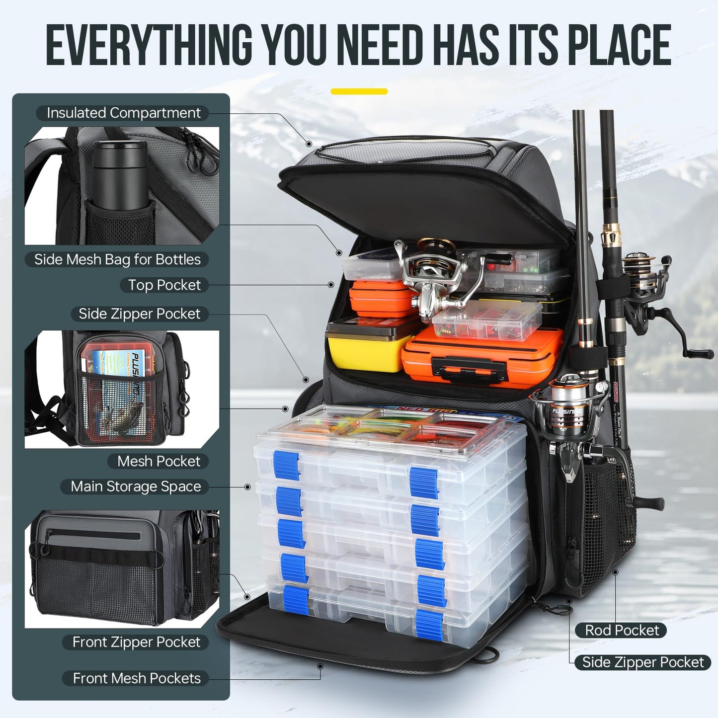 PLUSINNO Cooler Fishing Backpack with Rod Holders 45L Large Water-resistant Fishing Tackle bag Store Fishing Gear Fishing Gifts for Men Father, Sport Bags