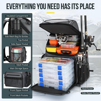 PLUSINNO Cooler Fishing Backpack with Rod Holders 45L Large Water-resistant Fishing Tackle bag Store Fishing Gear Fishing Gifts for Men Father, Sport Bags