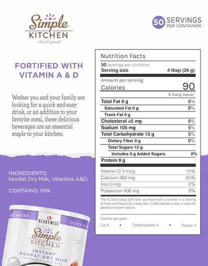 Simple Kitchen Instant Nonfat Dry Milk Powder - 50 Servings #10 Can, Non Fat Powdered Milk Bulk, Dried & Vitamin D Fortified, Daily Use & Emergency Food Long Term Storage, up to 25 Year Shelf Life