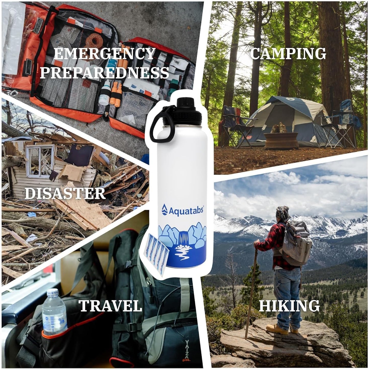 Aquatabs Insulated Stainless Steel Water Purifier Water Bottle with 30 Water Purification Tablets, BPA Free Water Purification Bottle Alternative to Filtered Water Bottle.