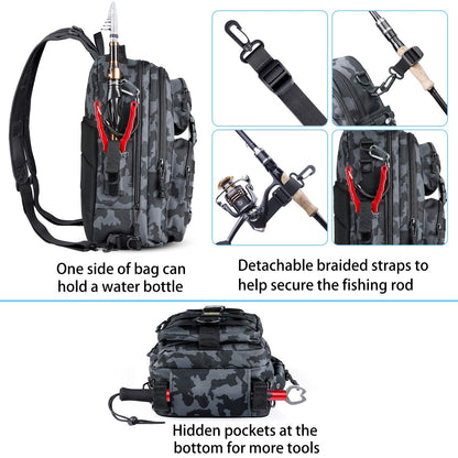 PLUSINNO Fishing Backpack with Tackle Boxes, Waterproof Fishing Sling Tackle Bag For Fishing Gear With Rod Holder, Fishing Gifts for Men With Fishing lures, Fishing pliers, Fish Lip Gripper.