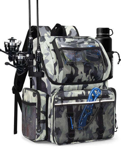 BAVGRED Fishing Backpack, Large Water Resistant Tackle Bag Storage Fishing Gear and Equipment, Built-in Cooler Compartment Grey