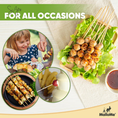 MalloMe XL Bamboo Skewers 6 Inch 100 pcs - 4mm Thick Bamboo Sticks - Heavy Duty Wooden Shish Kabob Skewers for Grilling - for Kebab BBQ Grill Hot Dog, Candy Apple Smores Sticks Wood Skewer Appetizers