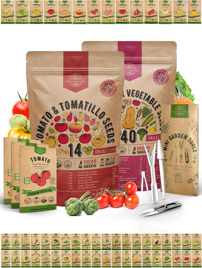 14 Tomato Seeds & 40 Vegetable Seeds Variety Pack Bundle, 27,025+ Non-GMO Heirloom Garden Seeds for Planting Tomatoes and Vegetables for Indoor & Outdoor Gardening