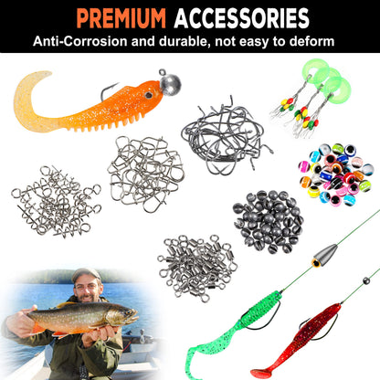 PLUSINNO 253/387pcs Fishing Gear Accessories Kit, Fishing Tackle Box with Tackle Included, Fishing Hooks, Fishing Weights Sinkers, Spinner Blade, Fishing Equipment for Bass Trout Bluegill Crappie