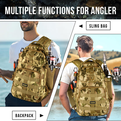 PLUSINNO Fishing Backpack with Tackle Boxes, Waterproof Fishing Sling Tackle Bag For Fishing Gear With Rod Holder, Fishing Gifts for Men With Fishing lures, Fishing pliers, Fish Lip Gripper.