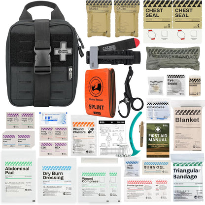 Rhino RESUE Bundle-Vented Chest Seal, 4 Vents, Sterile Emergency Trauma Dressing, Occlusive Adhesive Pad+Trauma Kit with C-A-T Tourniquet, Tactical First Aid Kit Molle Pouch for Military