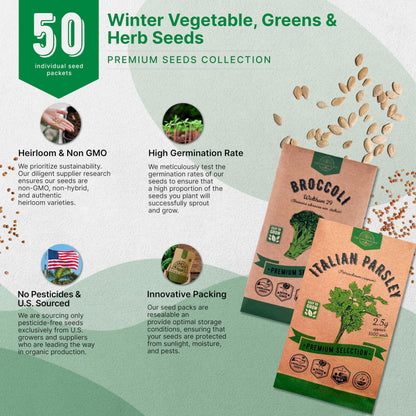 Organo Republic 25 Winter Vegetable & Green Seeds Variety Pack for Outdoors & Indoor Home Gardening 27670+ Non-GMO Heirloom Seeds: Broccoli Beet Carrot Collard Lettuce Radish Spinach Pea Kohlrabi