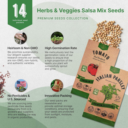 Organo Republic 14 Herb, Tomato & Chili Pepper Gardening Seeds Salsa Variety Pack for Outdoors & Indoor Garden 5180+ Non-GMO Heirloom Seeds Cilantro, Basil, Oregano, Parsley, Onion, Pepper Tomato Seed