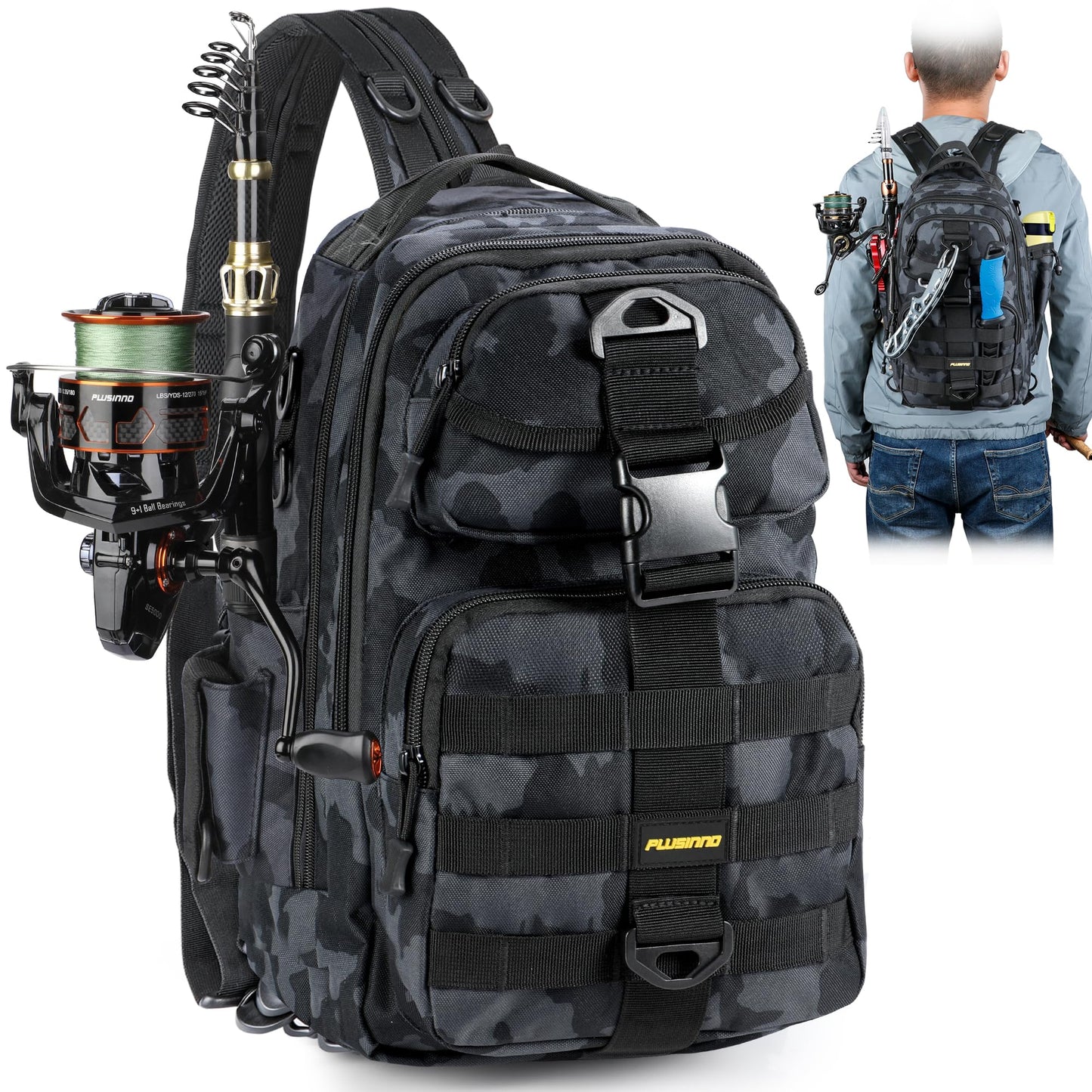 PLUSINNO Fishing Backpack with Tackle Boxes, Waterproof Fishing Sling Tackle Bag For Fishing Gear With Rod Holder, Fishing Gifts for Men With Fishing lures, Fishing pliers, Fish Lip Gripper.