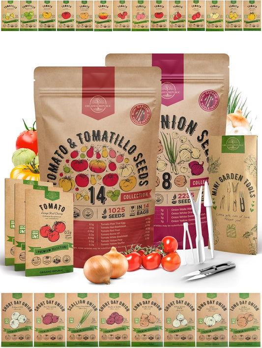 Organo Republic 14 Tomato Seeds & 8 Onion Seeds Variety Pack Bundle, 3,200+ Non-GMO Heirloom Garden Seeds for Planting Tomatoes and Onions for Indoor & Outdoor Gardening