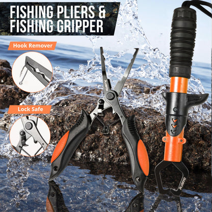 PLUSINNO Fishing Backpack with Tackle Boxes, Waterproof Fishing Sling Tackle Bag For Fishing Gear With Rod Holder, Fishing Gifts for Men With Fishing lures, Fishing pliers, Fish Lip Gripper.