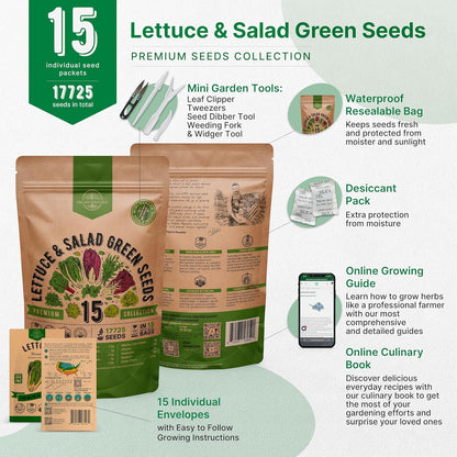 Organo Republic 22 Lettuce & Salad Greens Seeds Variety Pack 24,700+ Non-GMO Heirloom Lettuce Seeds for Indoor & Outdoor Garden, Hydroponics, Aerogarden - Arugula, Kale, Spinach, Swiss Chard, Lettuce